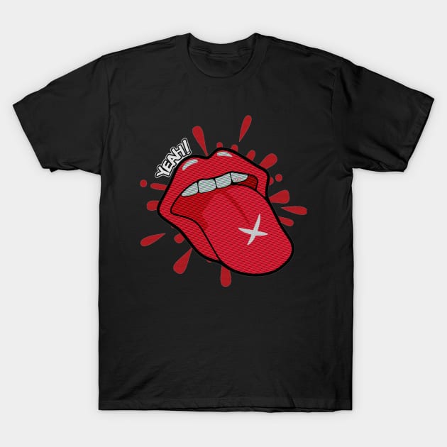 Yeah, Rock &amp; Roll!!. Rock language customized with a cross on the tip and the expression: Yeah!! Stick out your tongue, smile! T-Shirt by Rebeldía Pura